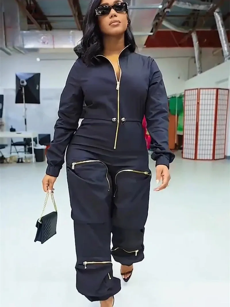 INS Cargo Jumpsuits Women Spring Clothing Solid Zipper Fly Big Pockets Long Rompers Playsuits One Pieces Pants Overalls Outfits