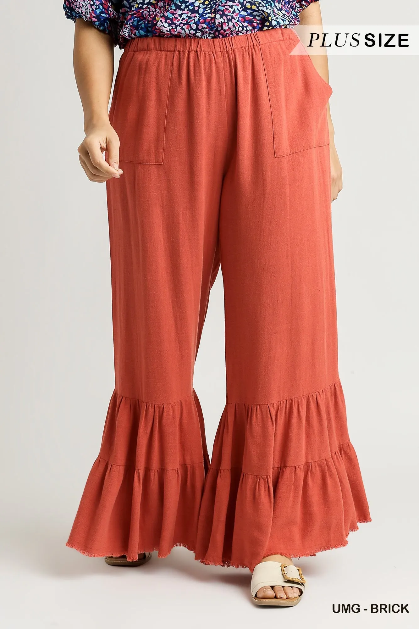 Isabella Wide Ruffle Leg Pants In Brick
