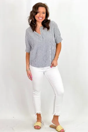 Ivory and Navy Stripe V-Neck Puff Sleeve Top