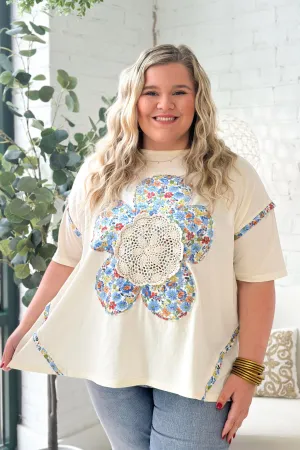 Ivory Short Sleeve Flower Patch Top