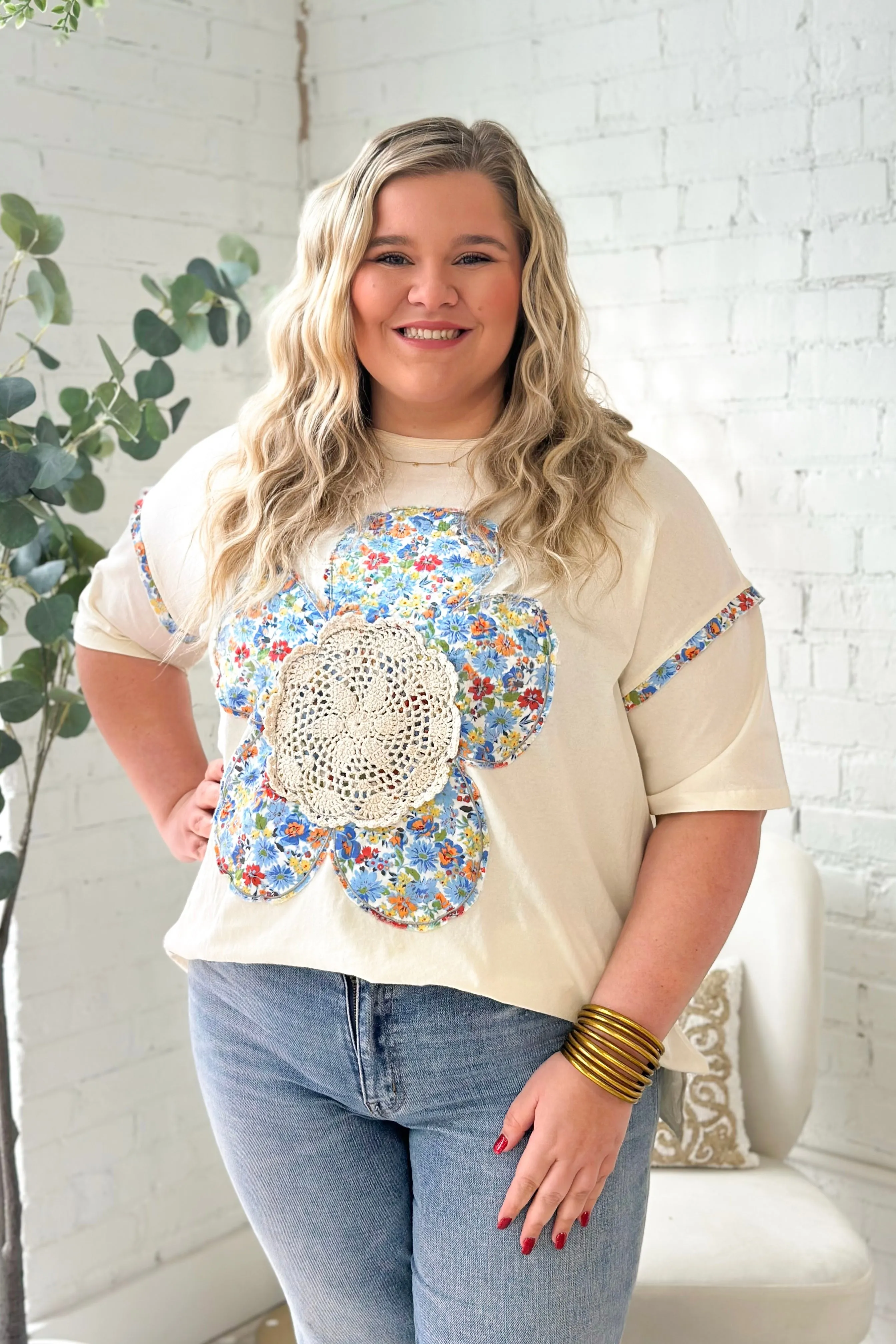 Ivory Short Sleeve Flower Patch Top
