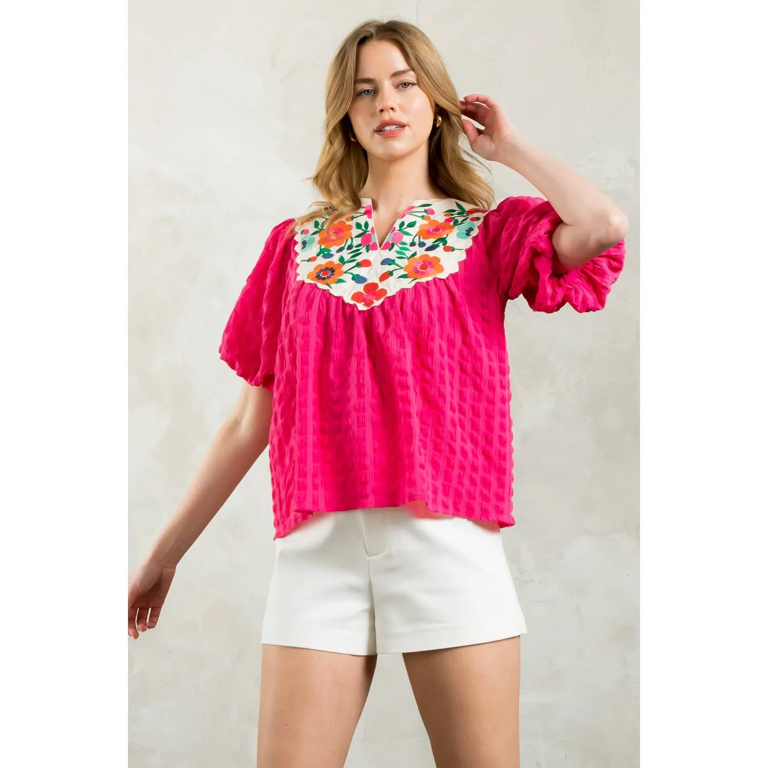 Jackie Embroidered Detail Puff Sleeve Textured Top