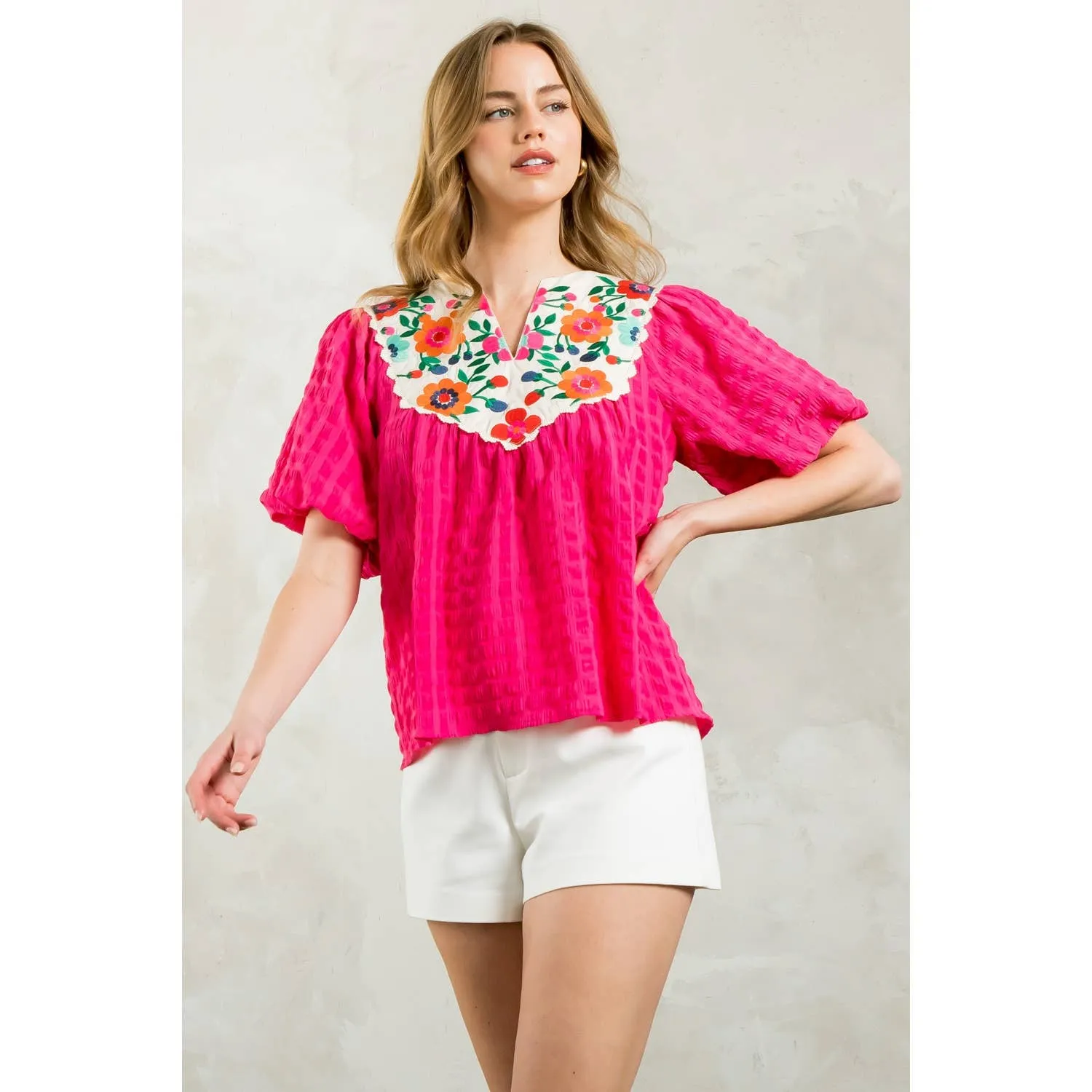 Jackie Embroidered Detail Puff Sleeve Textured Top