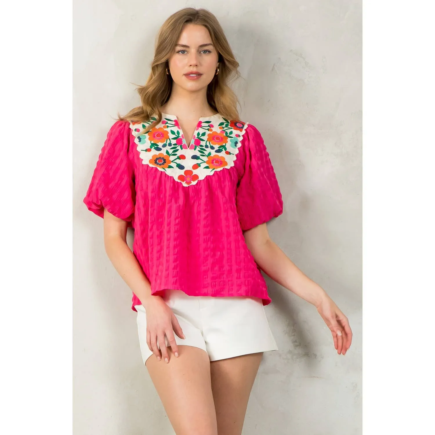 Jackie Embroidered Detail Puff Sleeve Textured Top
