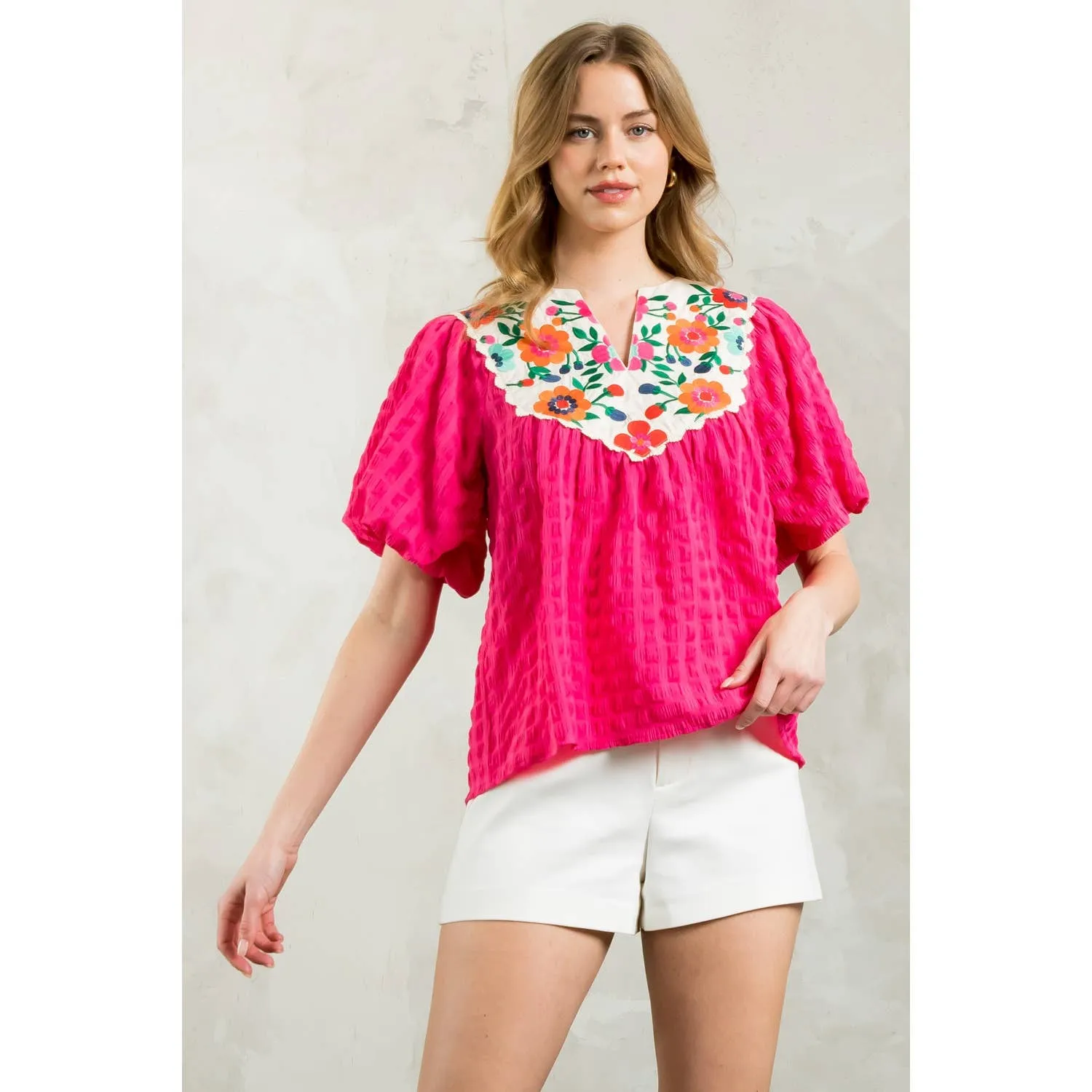 Jackie Embroidered Detail Puff Sleeve Textured Top