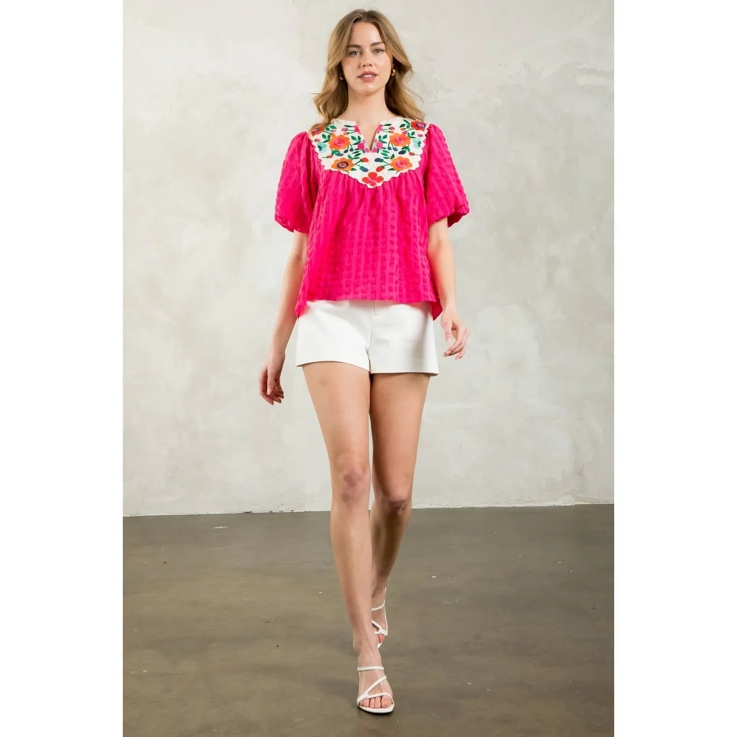 Jackie Embroidered Detail Puff Sleeve Textured Top