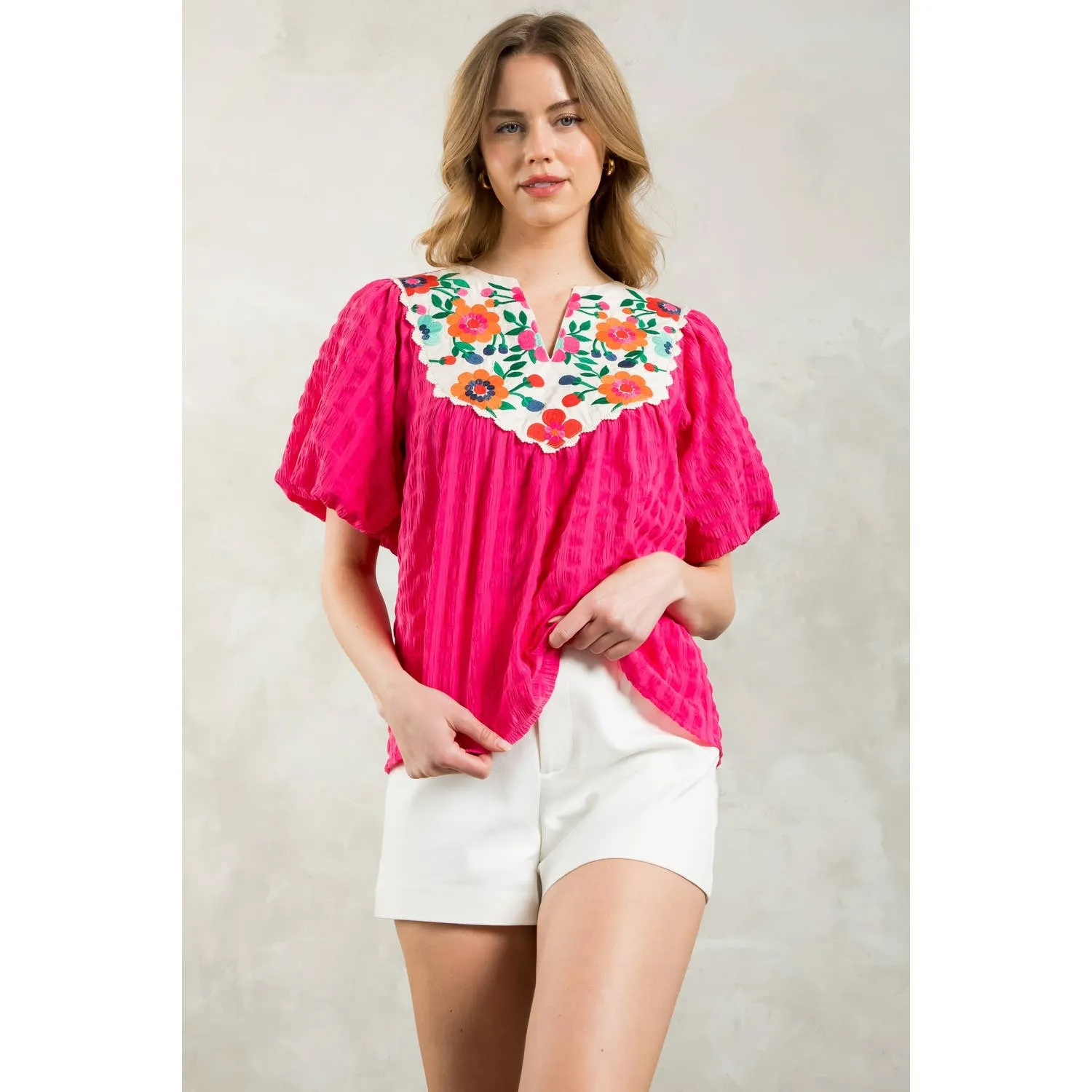 Jackie Embroidered Detail Puff Sleeve Textured Top