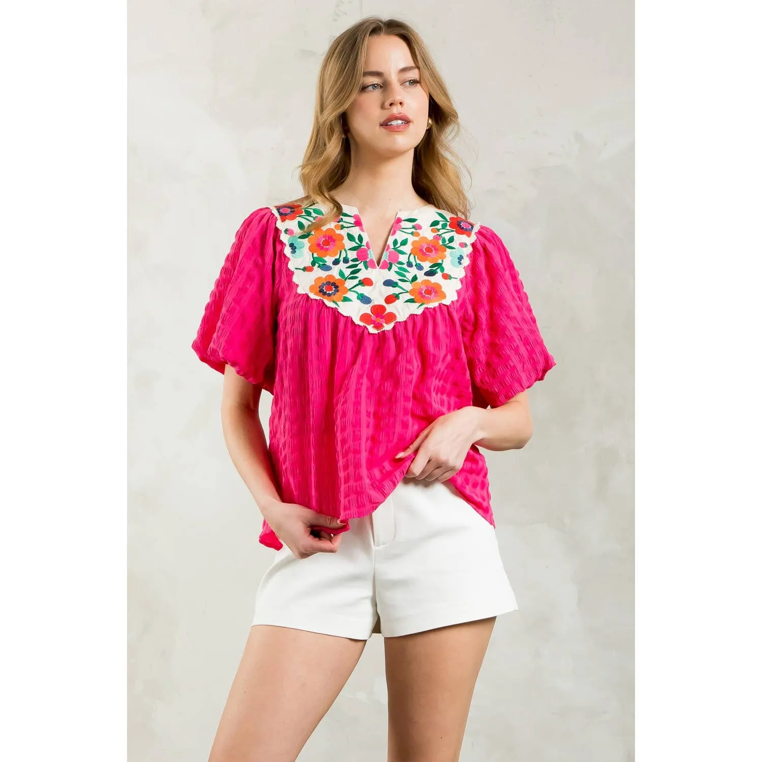 Jackie Embroidered Detail Puff Sleeve Textured Top