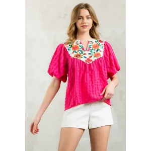 Jackie Embroidered Detail Puff Sleeve Textured Top