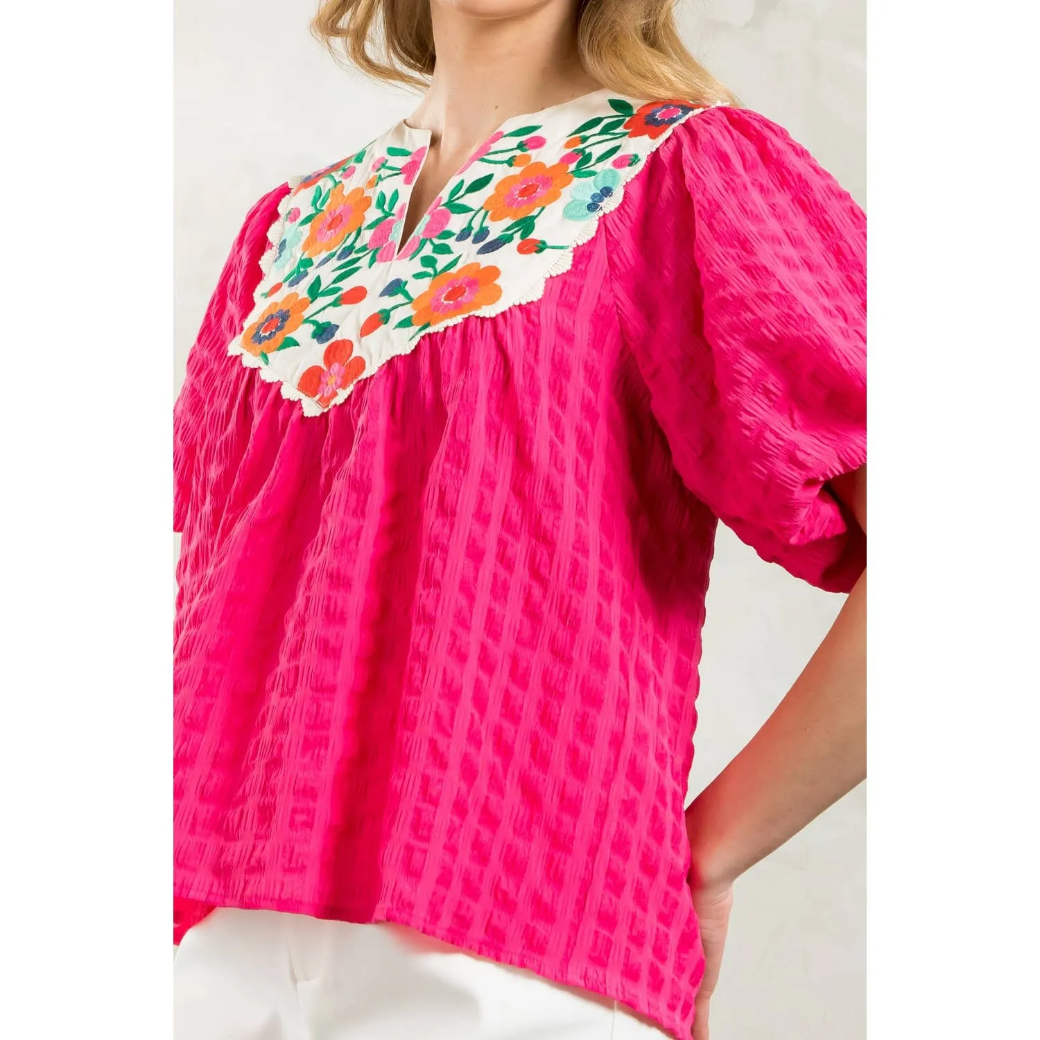 Jackie Embroidered Detail Puff Sleeve Textured Top