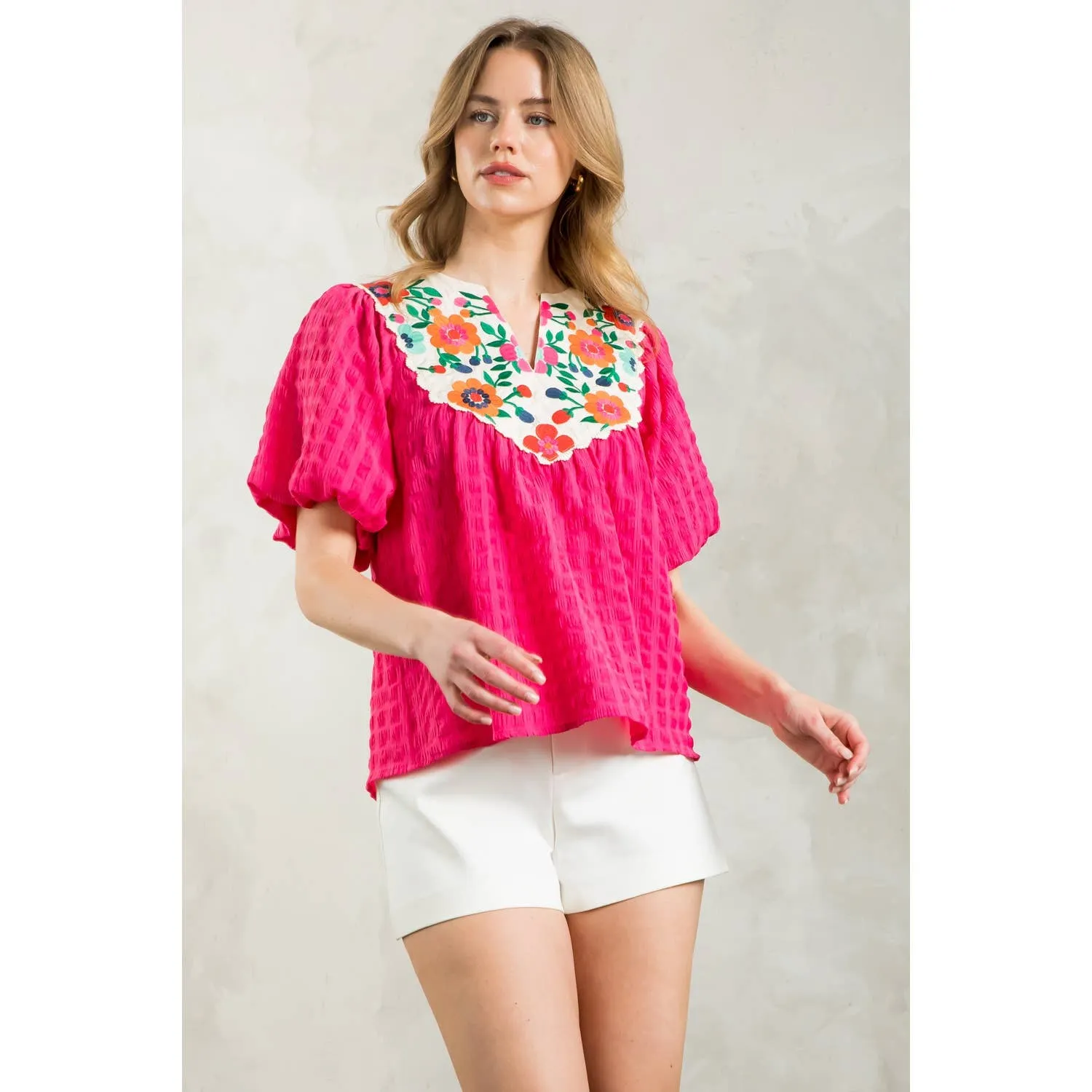 Jackie Embroidered Detail Puff Sleeve Textured Top