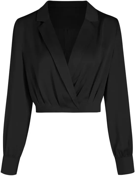 Jillumi Women's Elegant Satin Wrap Crop Tops Long Sleeve Silk Shirt