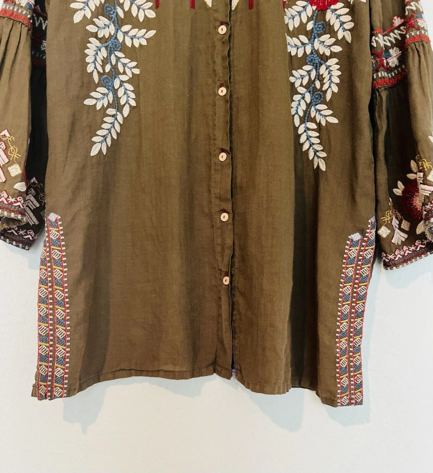 JOHNNY WAS WORKSHOP Floral Embroidered Tunic Shirt Green Bell Sleeve Boho