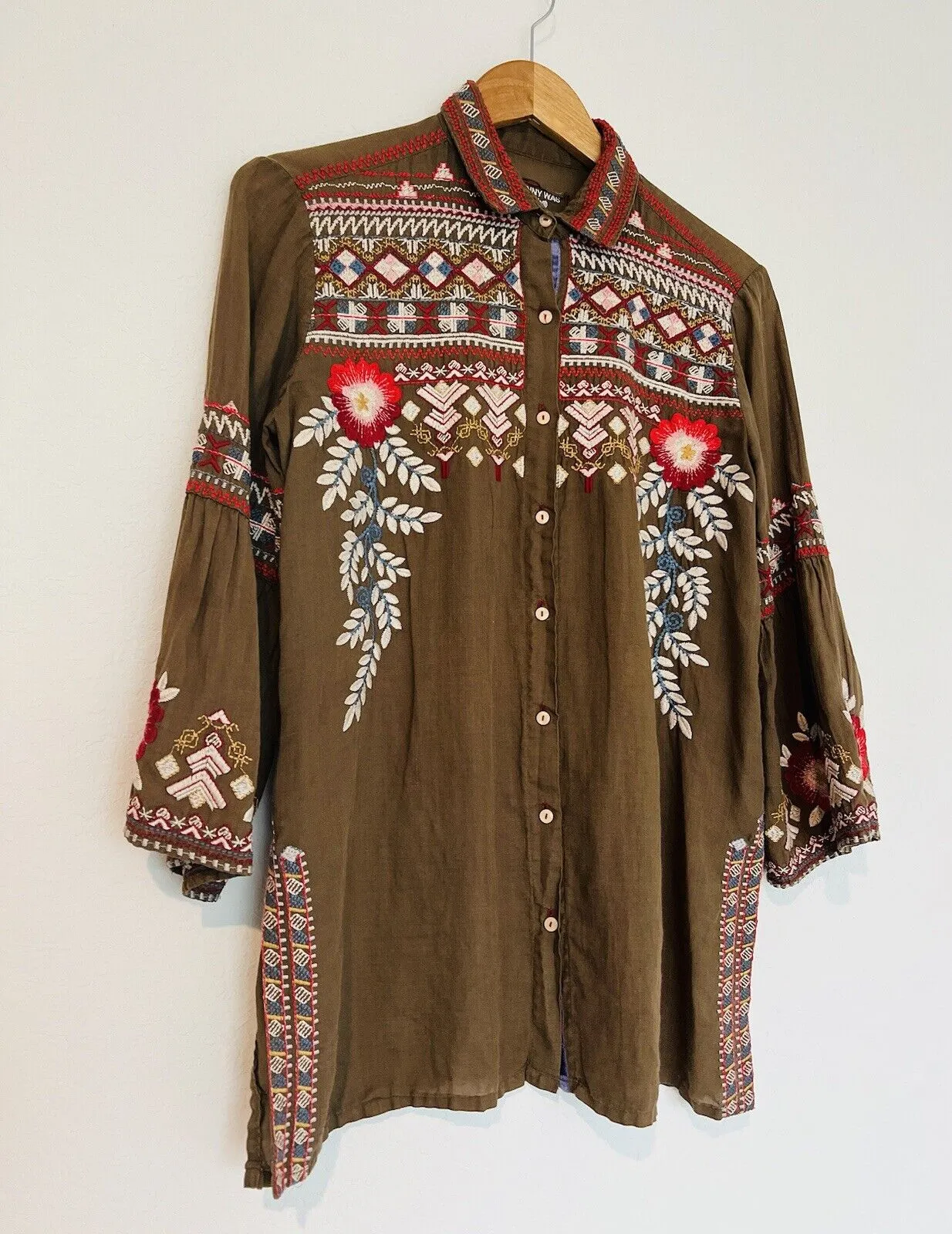 JOHNNY WAS WORKSHOP Floral Embroidered Tunic Shirt Green Bell Sleeve Boho