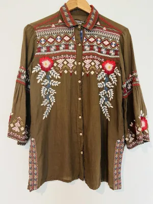 JOHNNY WAS WORKSHOP Floral Embroidered Tunic Shirt Green Bell Sleeve Boho