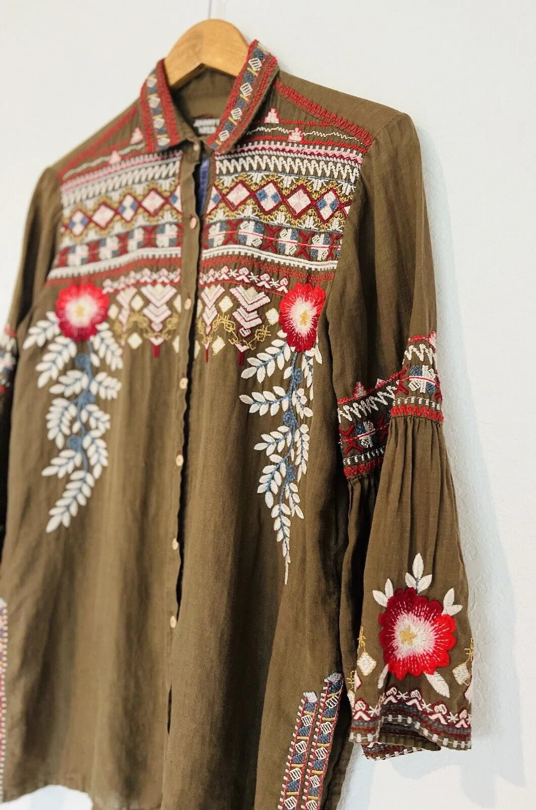 JOHNNY WAS WORKSHOP Floral Embroidered Tunic Shirt Green Bell Sleeve Boho