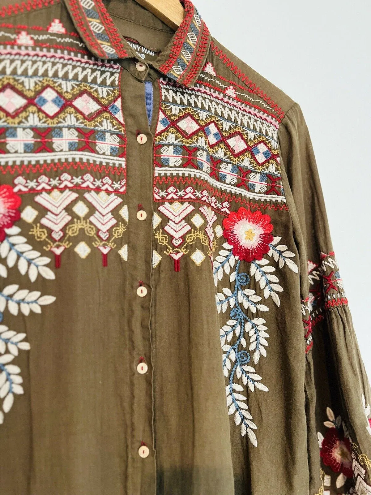 JOHNNY WAS WORKSHOP Floral Embroidered Tunic Shirt Green Bell Sleeve Boho