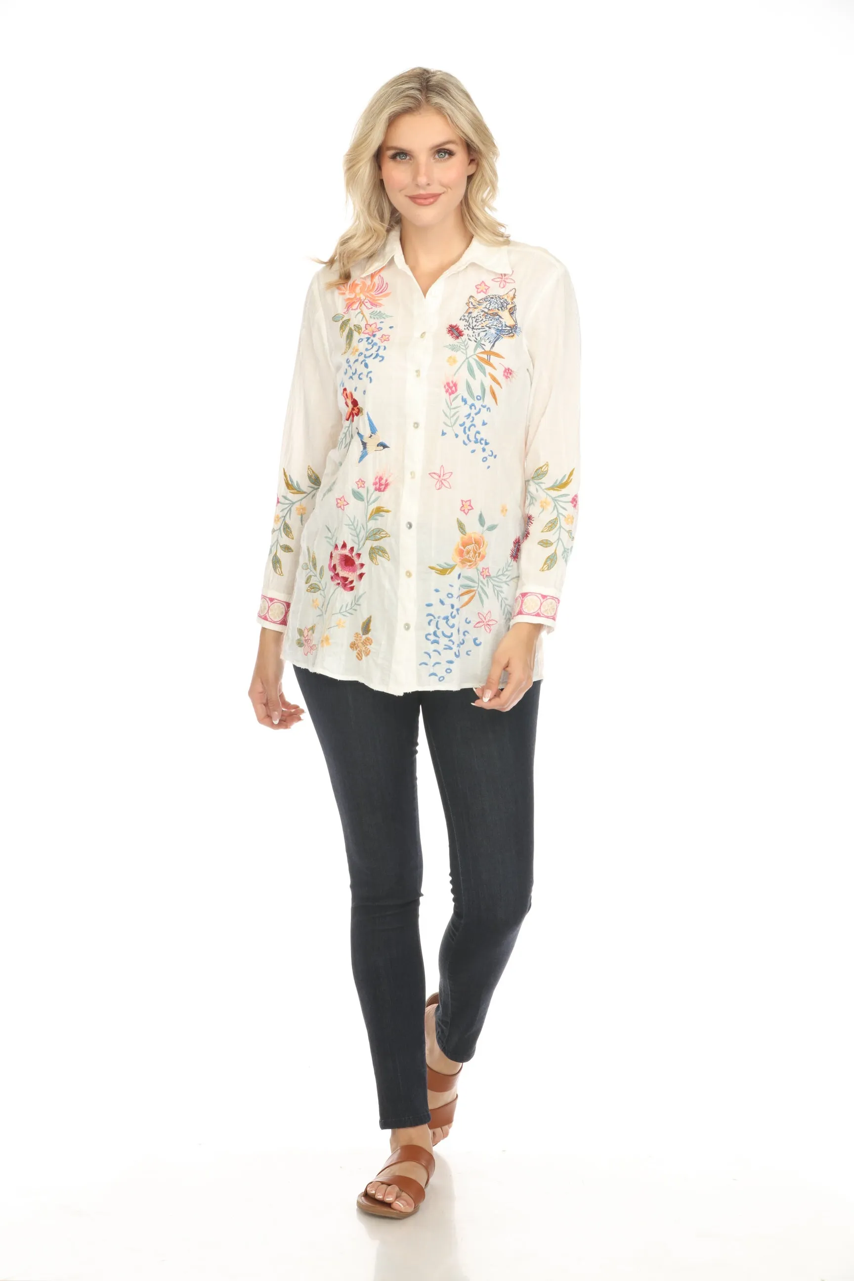 Johnny Was Workshop Stripe Indalo Ribbon Detail Shirt Tunic W28824 Boho Chic