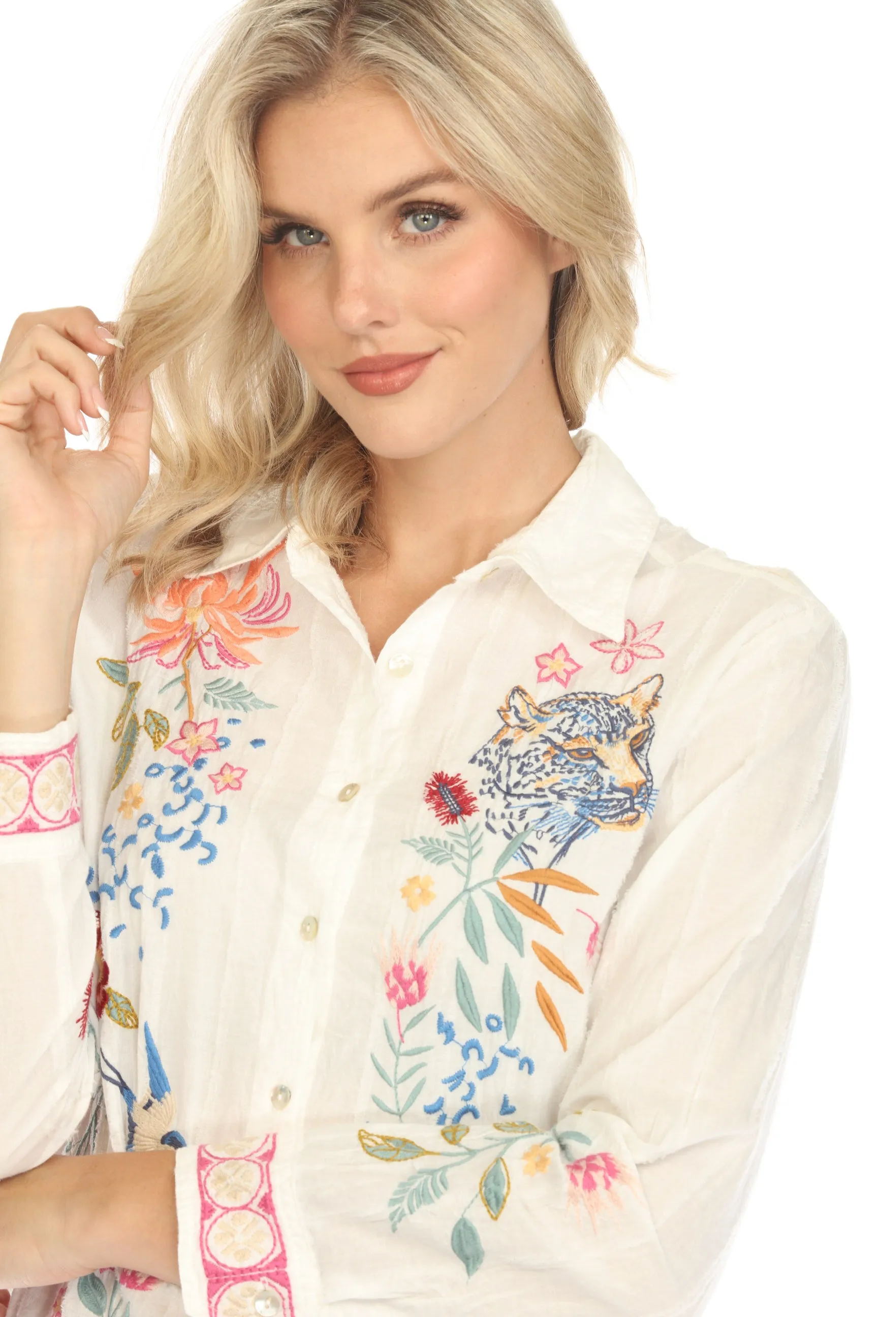Johnny Was Workshop Stripe Indalo Ribbon Detail Shirt Tunic W28824 Boho Chic