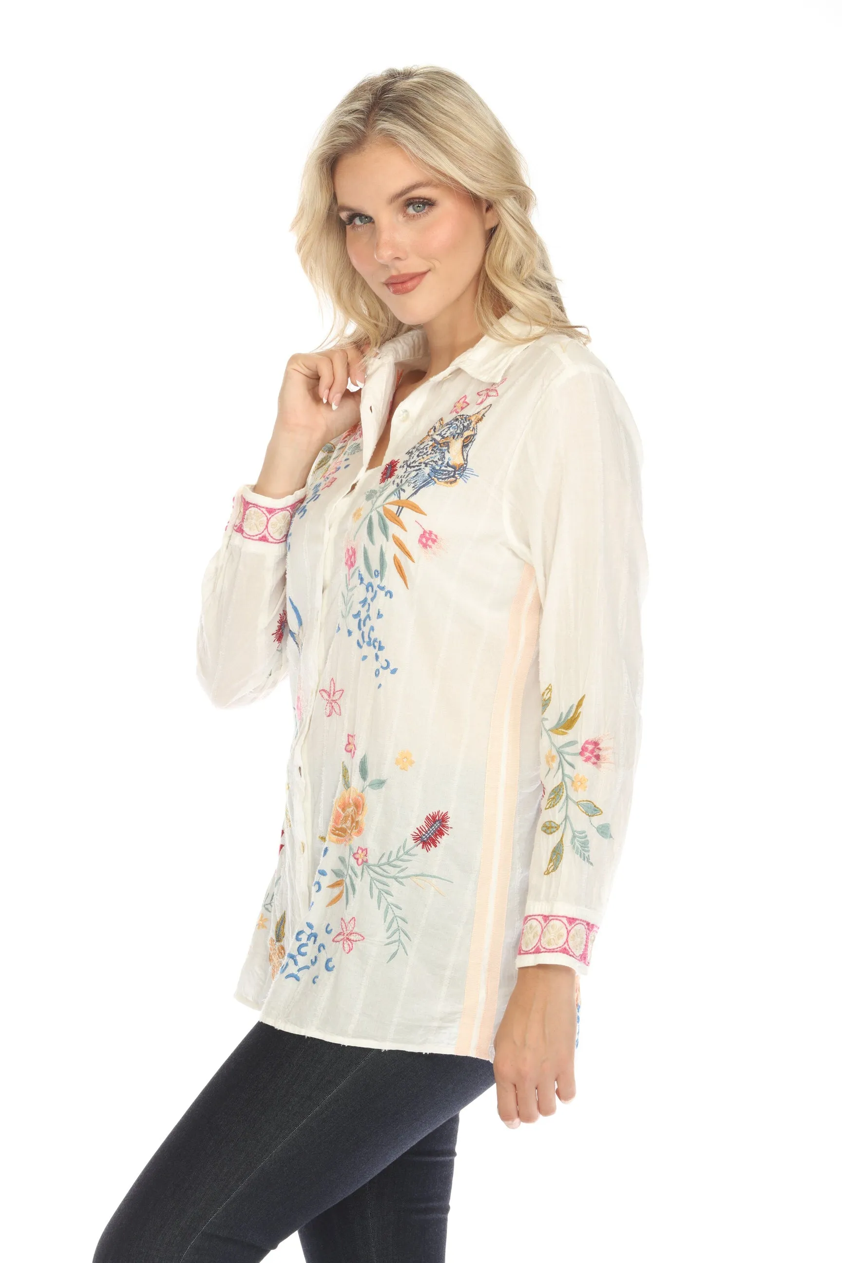 Johnny Was Workshop Stripe Indalo Ribbon Detail Shirt Tunic W28824 Boho Chic