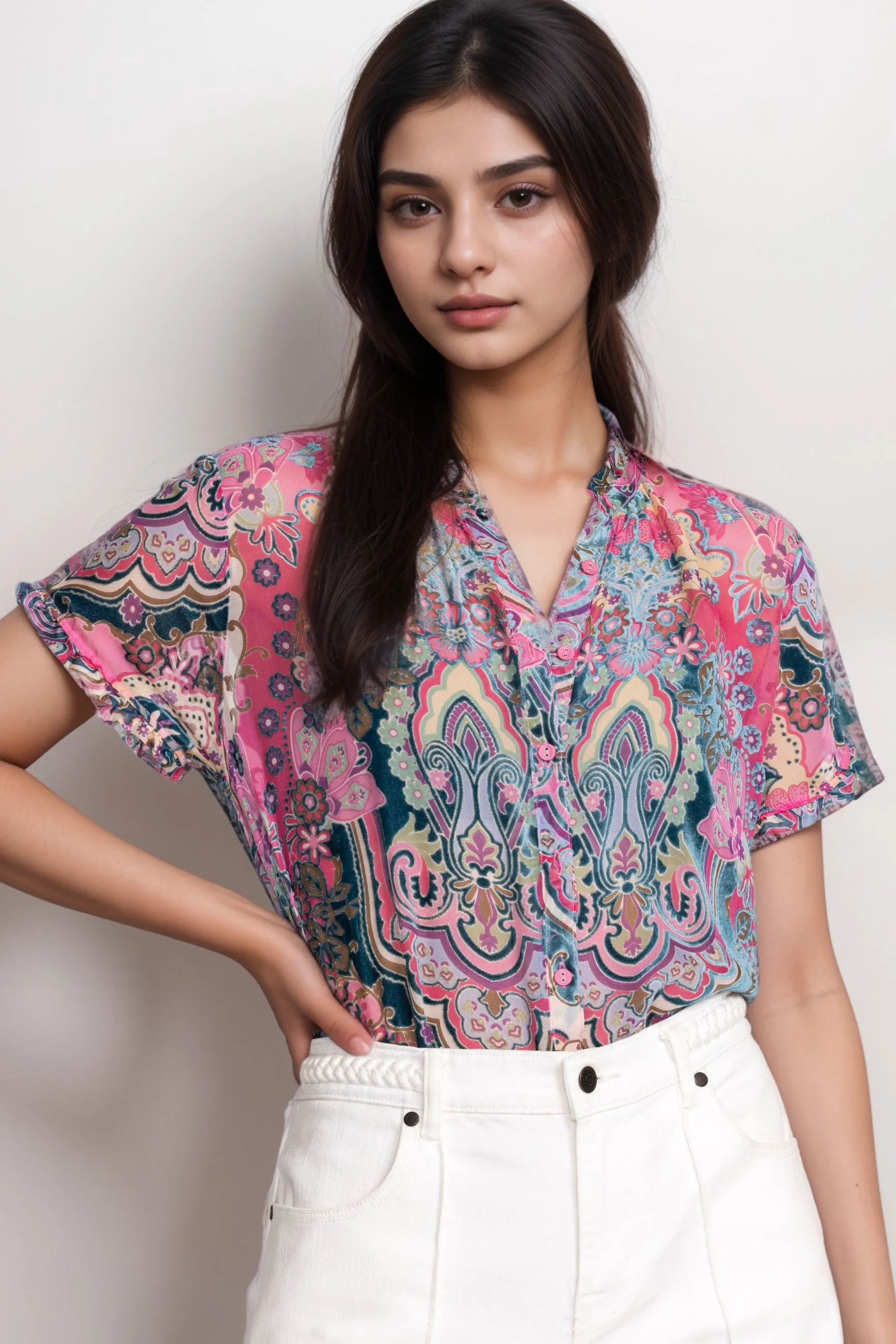 Johnny Was Zoli Tape Hem Burnout Tunic Top C21524A6