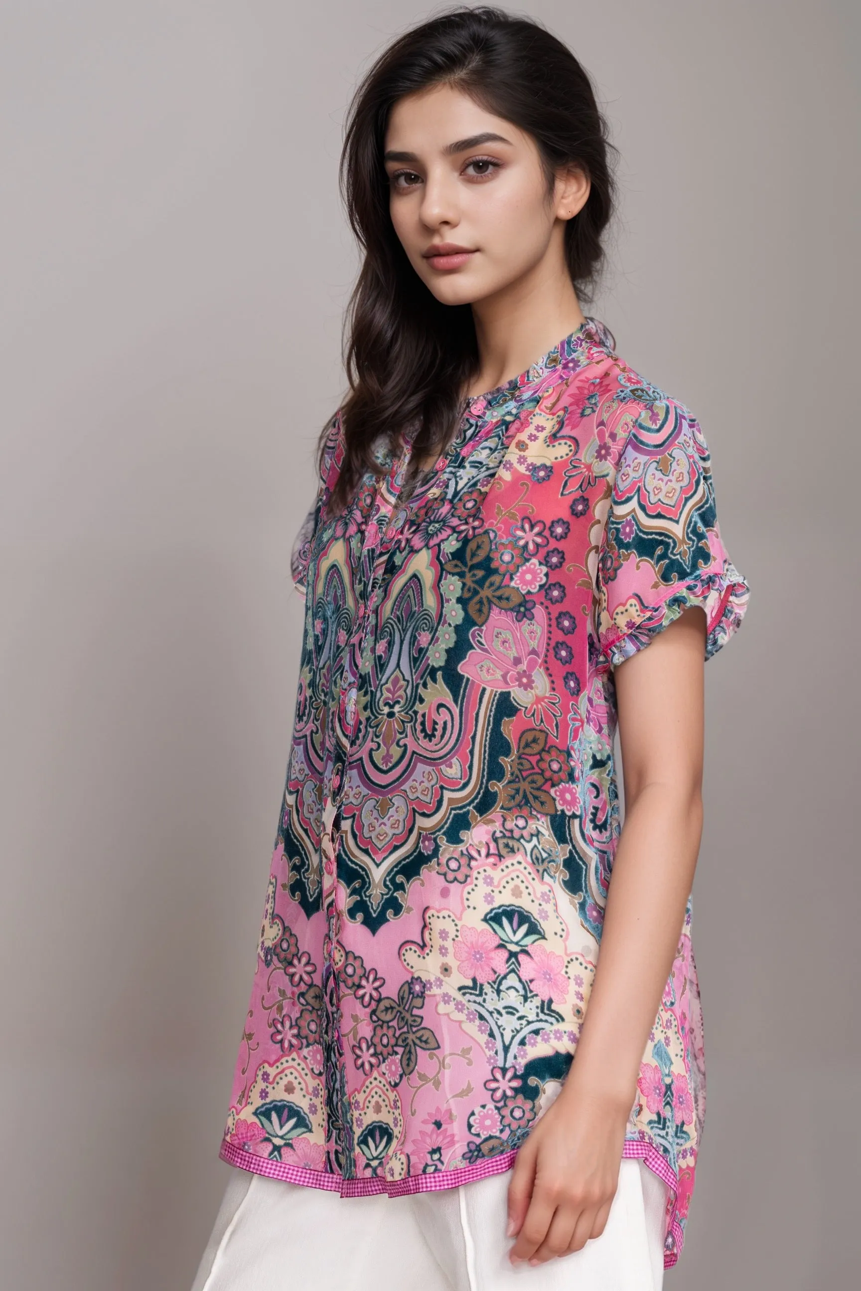 Johnny Was Zoli Tape Hem Burnout Tunic Top C21524A6