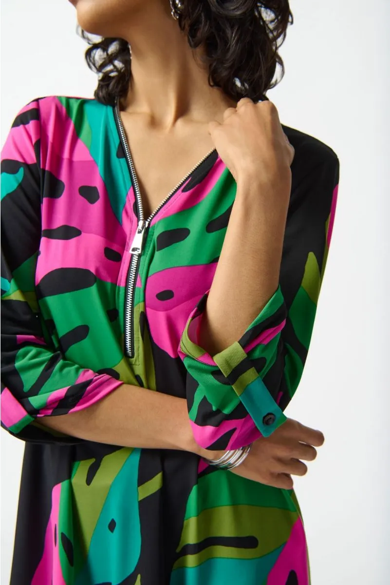 Joseph Ribkoff Black/Multi Tropical Print Zip Front 3/4 Sleeve Tunic Top 242232