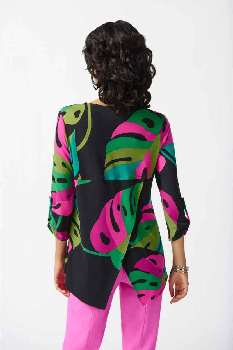 Joseph Ribkoff Black/Multi Tropical Print Zip Front 3/4 Sleeve Tunic Top 242232