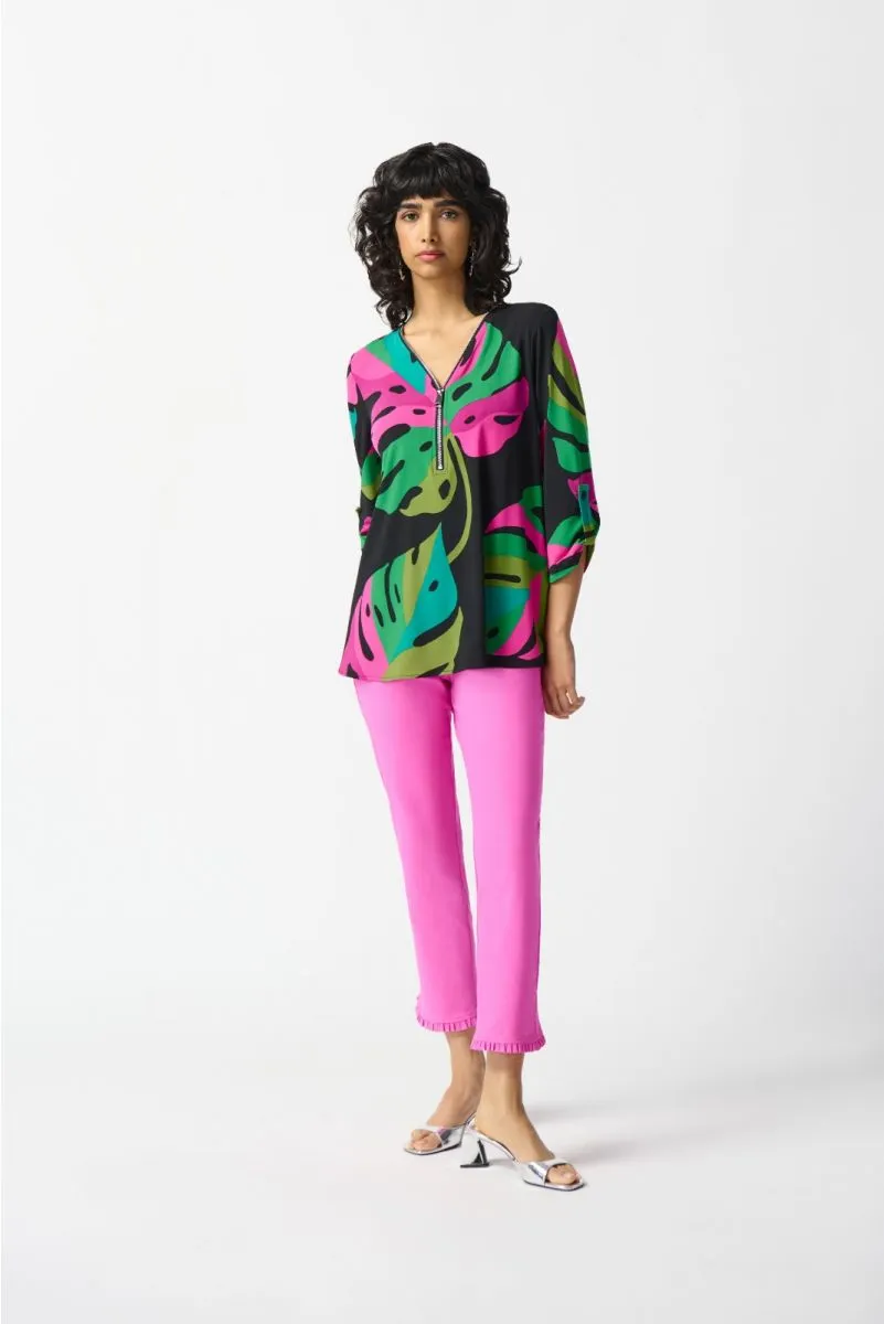 Joseph Ribkoff Black/Multi Tropical Print Zip Front 3/4 Sleeve Tunic Top 242232