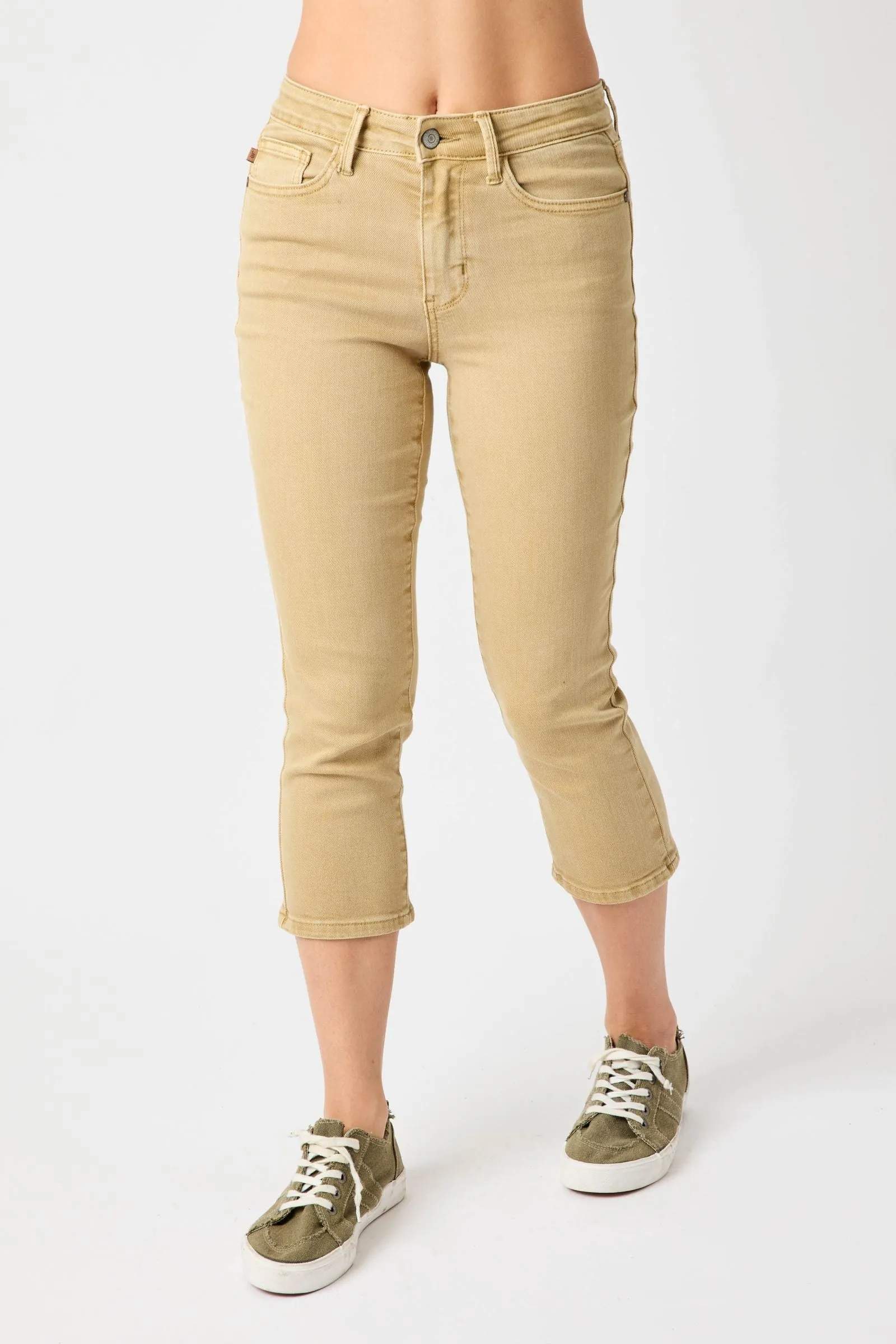 Judy Blue Ava Mid Rise Garment Dyed Khaki Capris