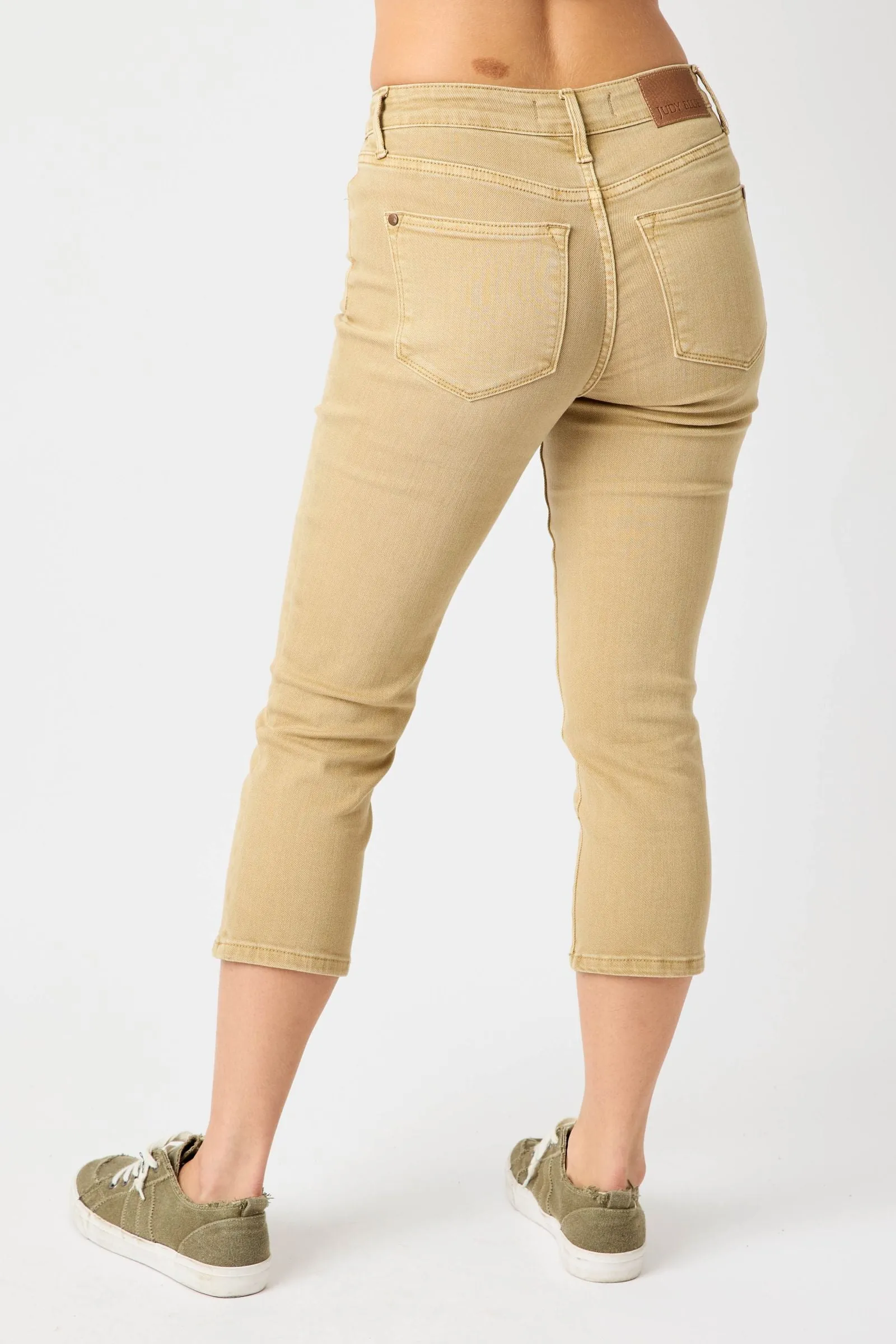 Judy Blue Ava Mid Rise Garment Dyed Khaki Capris