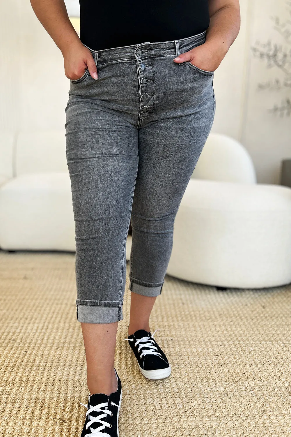 Judy Blue Button Fly High Waist Cuffed Capri