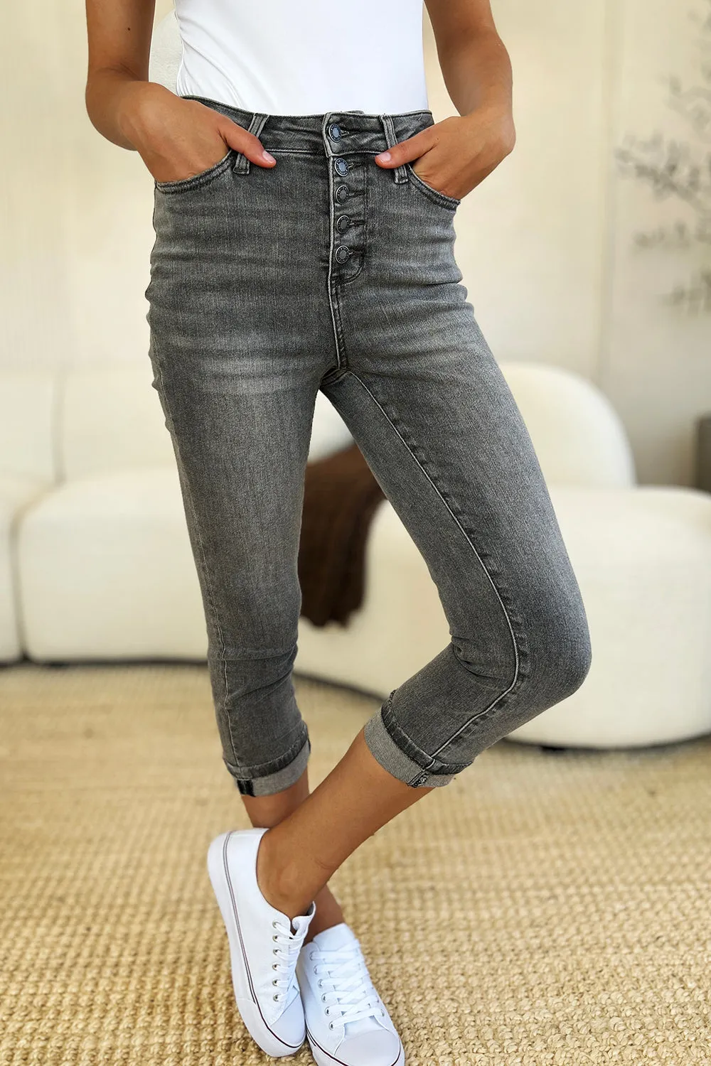 Judy Blue Button Fly High Waist Cuffed Capri