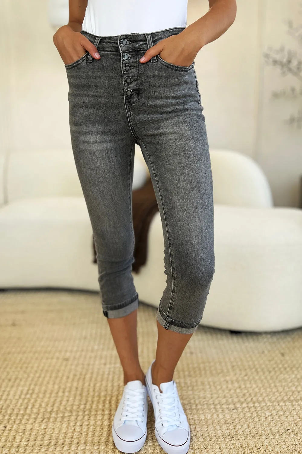 Judy Blue Button Fly High Waist Cuffed Capri
