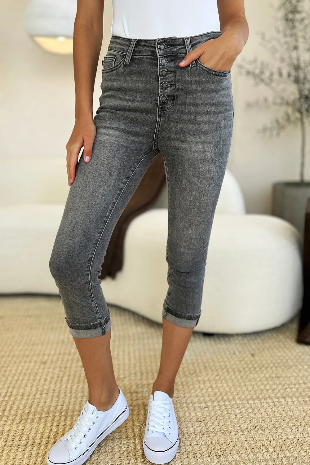 Judy Blue Button Fly High Waist Cuffed Capri