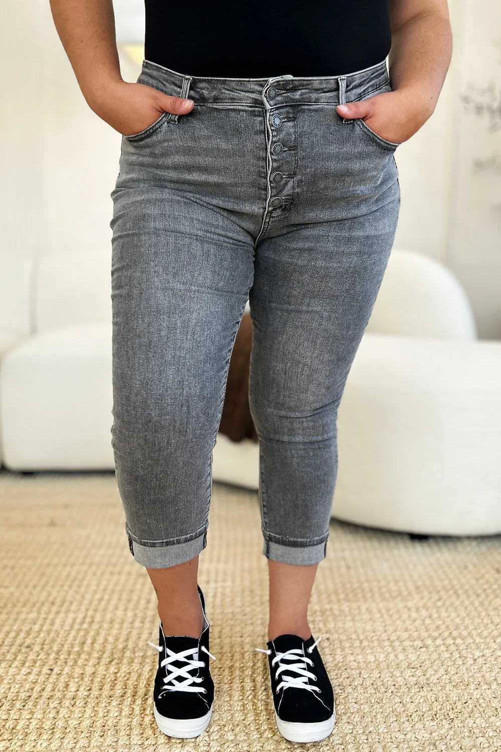 Judy Blue Button Fly High Waist Cuffed Capri