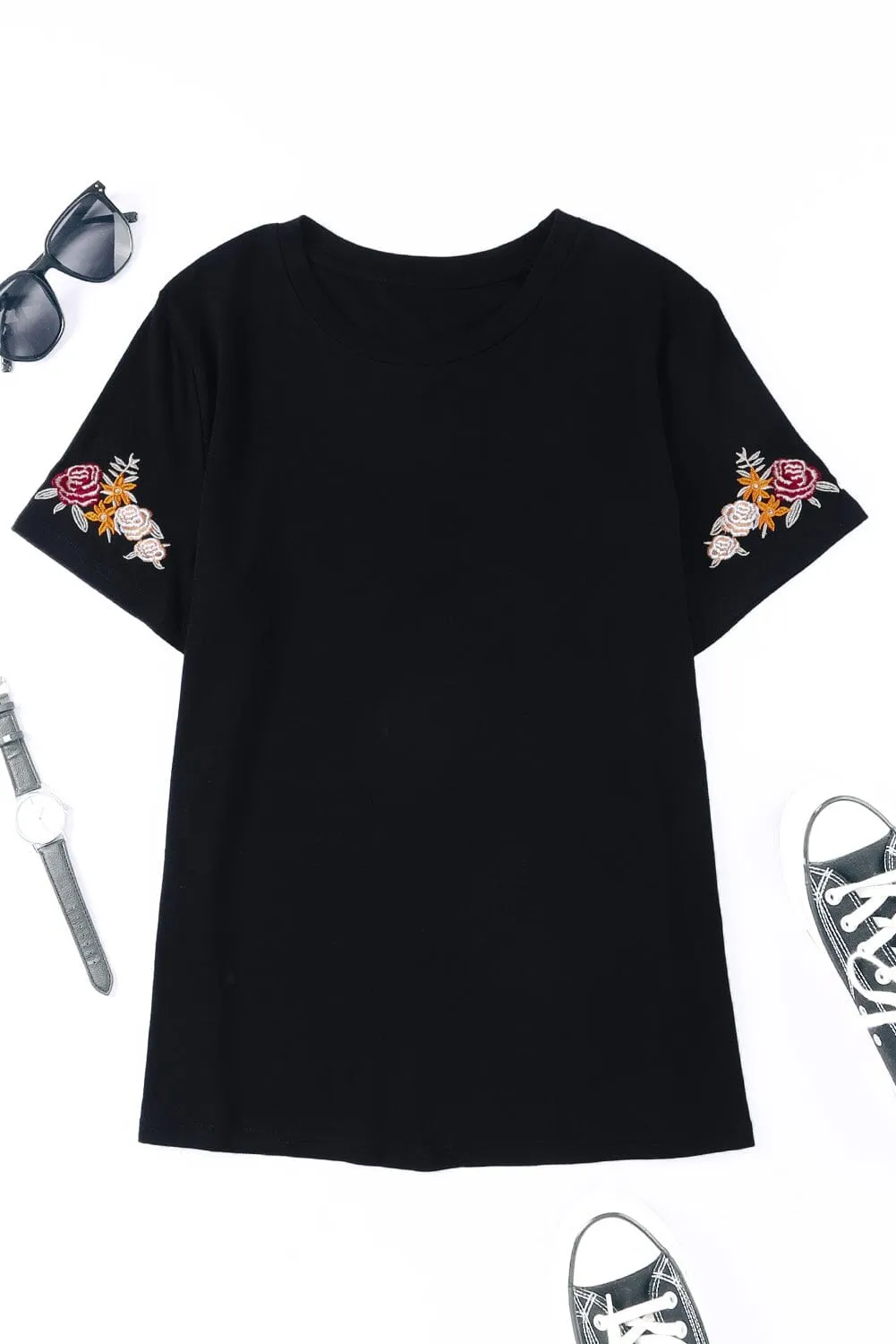 KaleaBoutique Beautiful Floral Embroidered Round Neck Short Sleeve T Shirt
