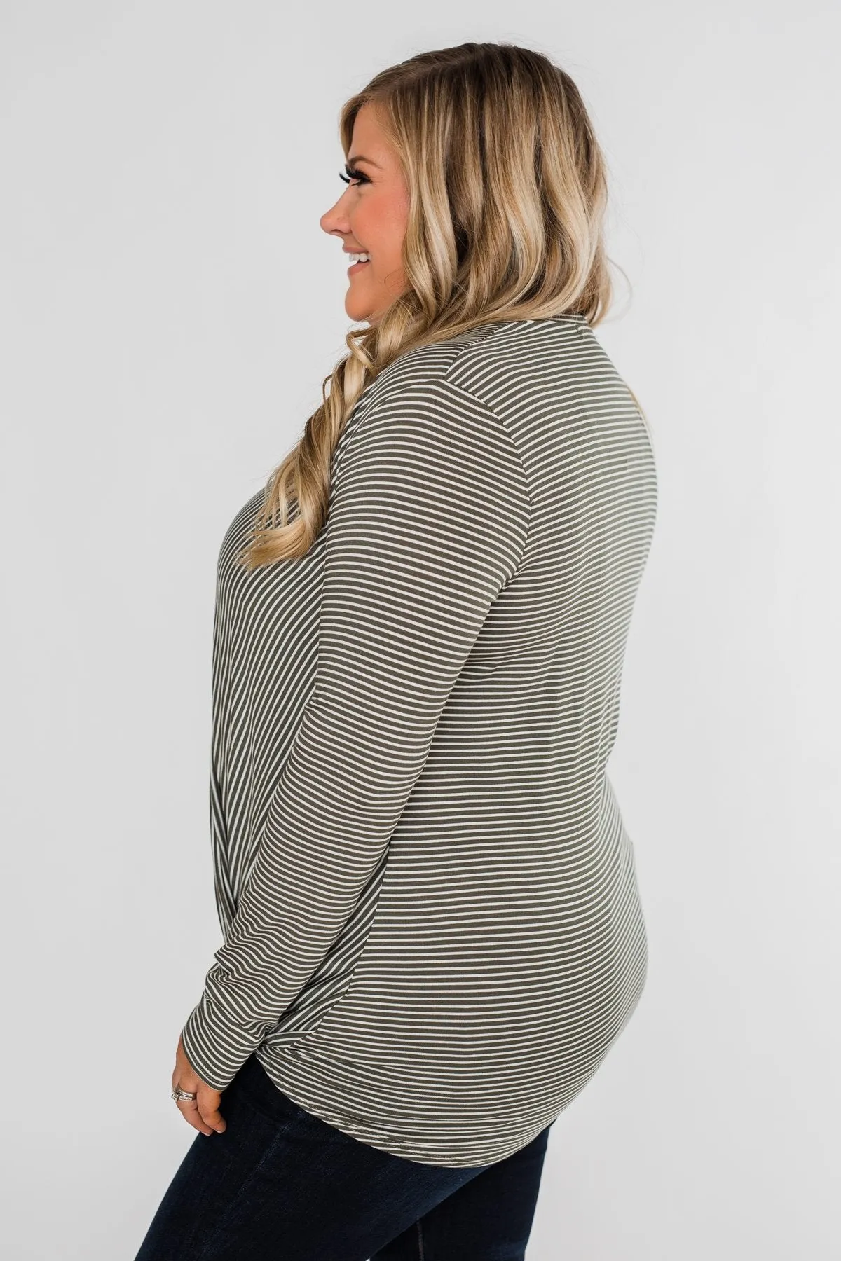Keep It Going Long Sleeve Striped Wrap Top- Olive