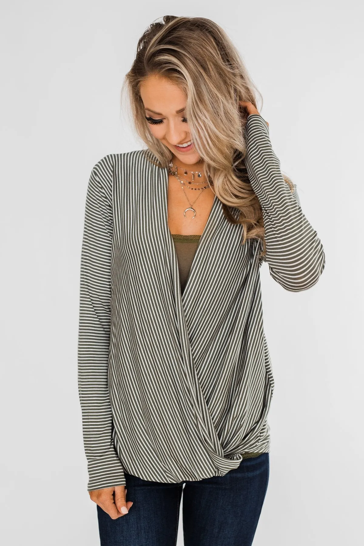 Keep It Going Long Sleeve Striped Wrap Top- Olive