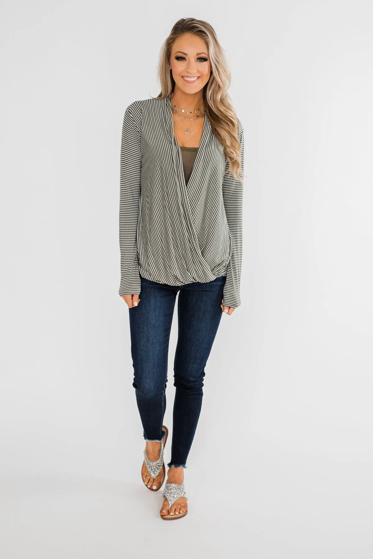Keep It Going Long Sleeve Striped Wrap Top- Olive