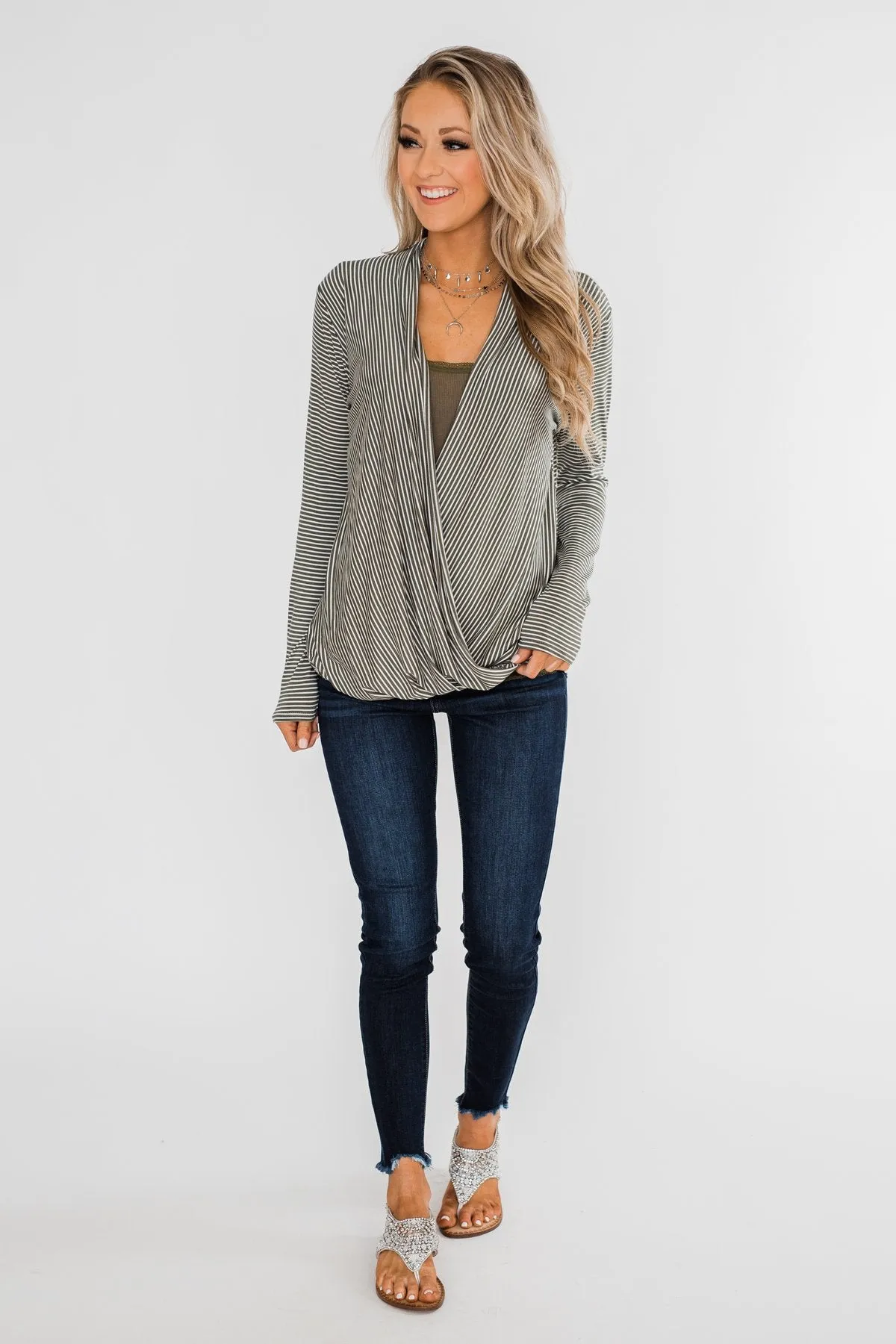Keep It Going Long Sleeve Striped Wrap Top- Olive