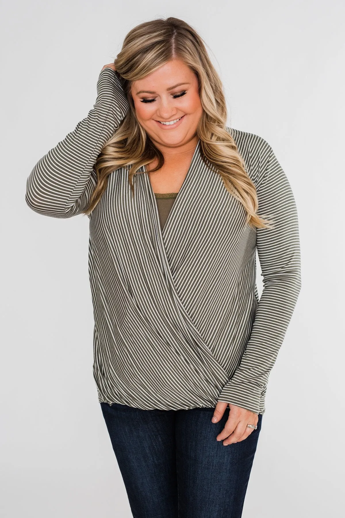 Keep It Going Long Sleeve Striped Wrap Top- Olive