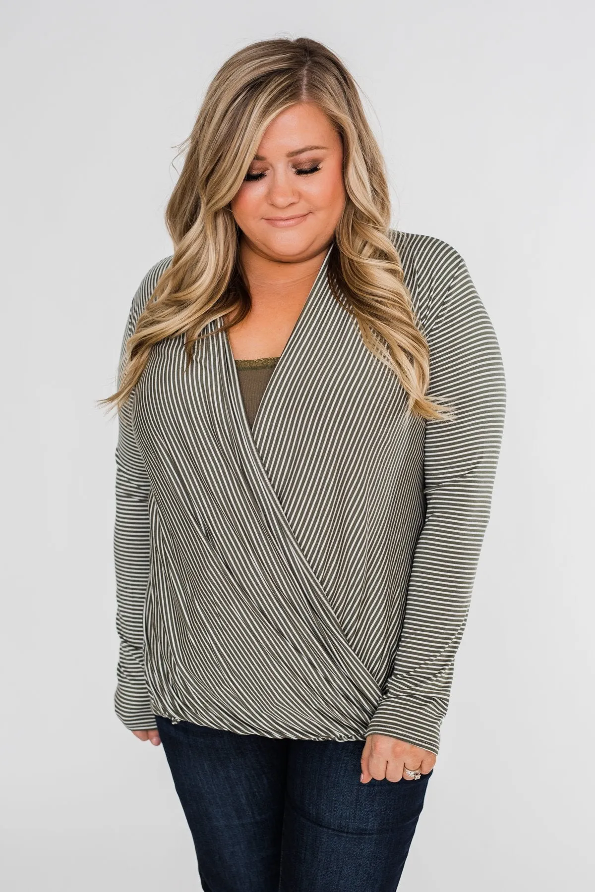 Keep It Going Long Sleeve Striped Wrap Top- Olive