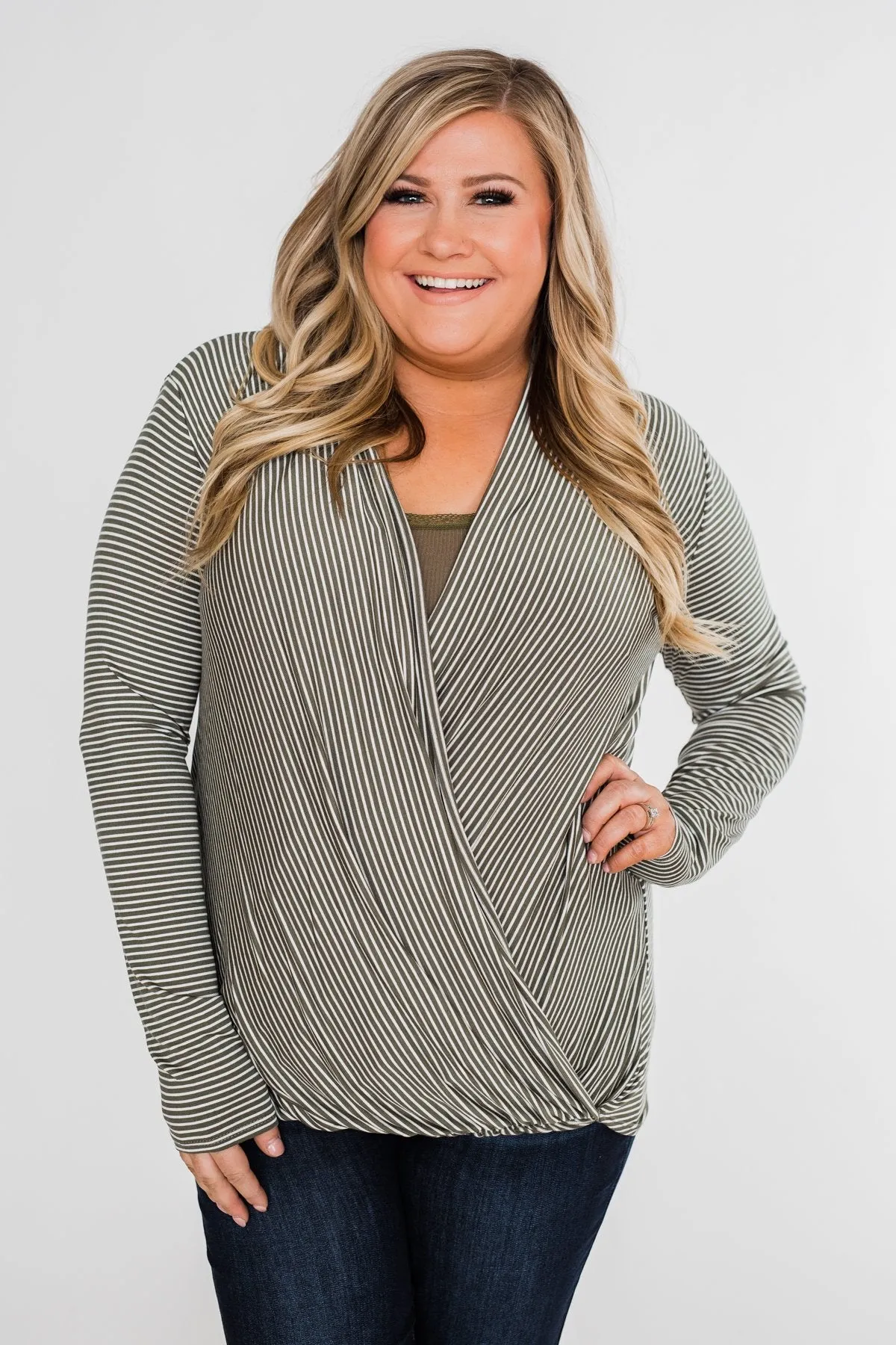 Keep It Going Long Sleeve Striped Wrap Top- Olive