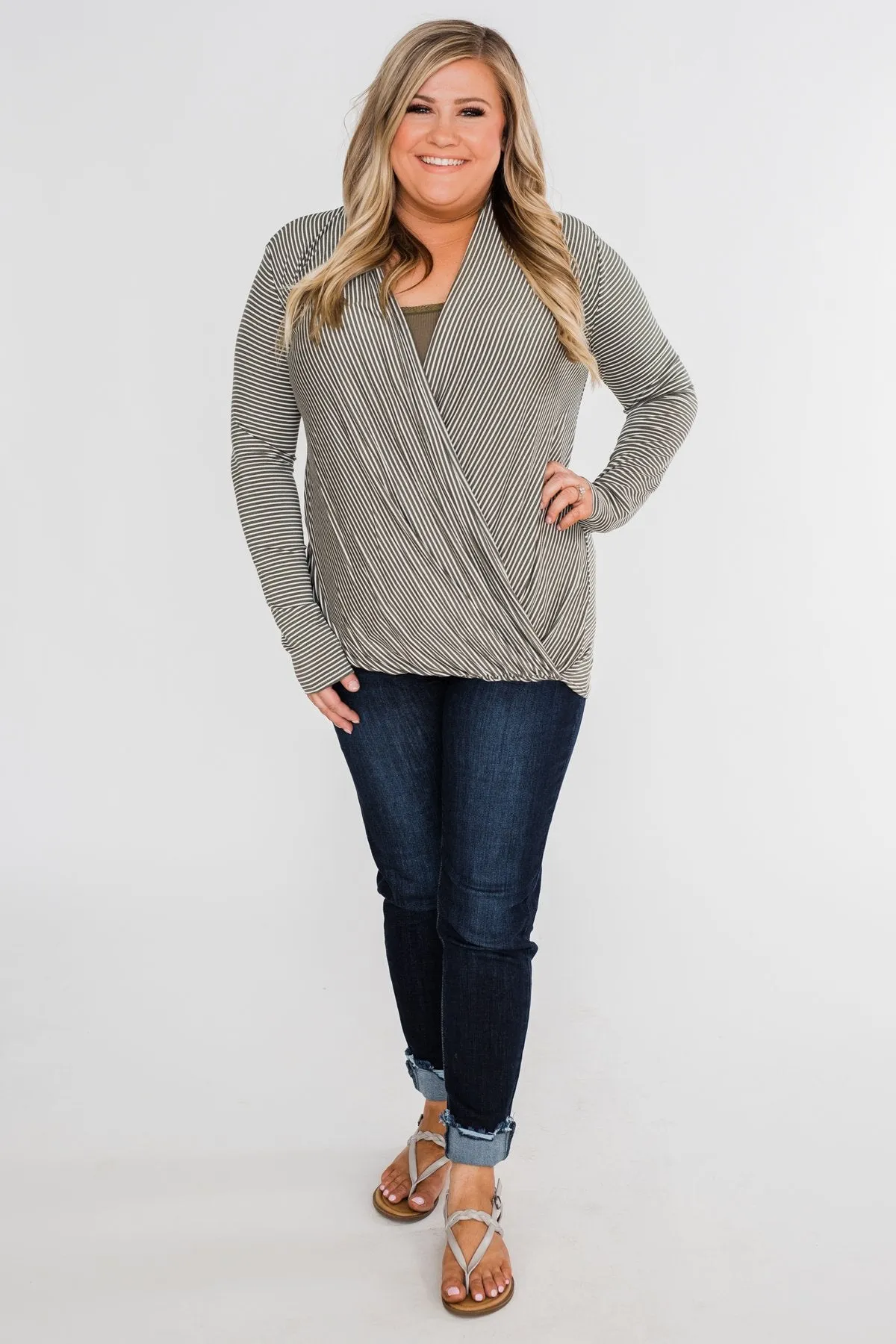 Keep It Going Long Sleeve Striped Wrap Top- Olive