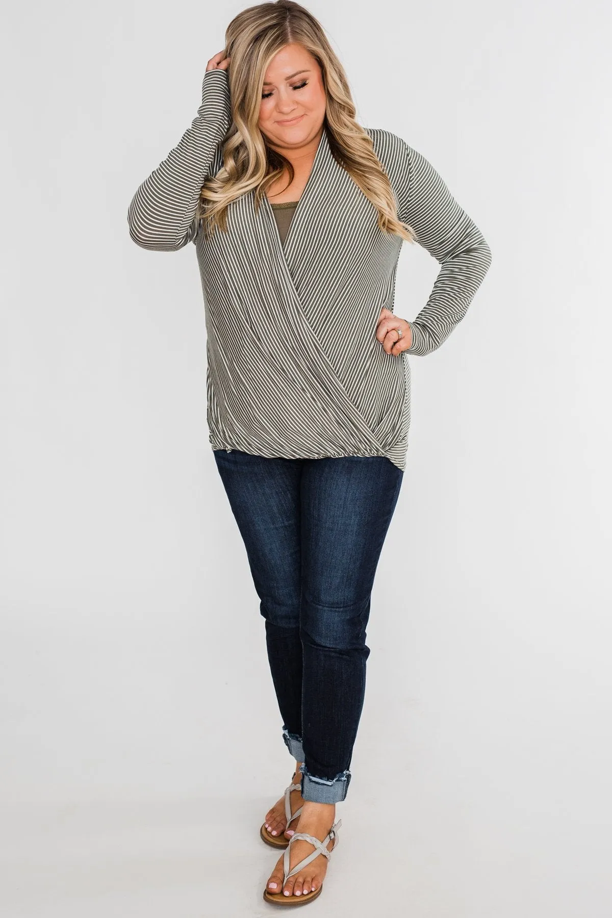 Keep It Going Long Sleeve Striped Wrap Top- Olive