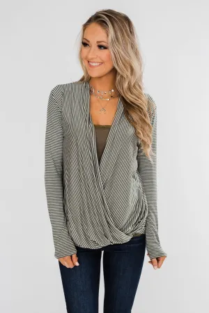 Keep It Going Long Sleeve Striped Wrap Top- Olive