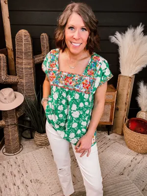 Kelly Green Square Neckline Embroidered Top