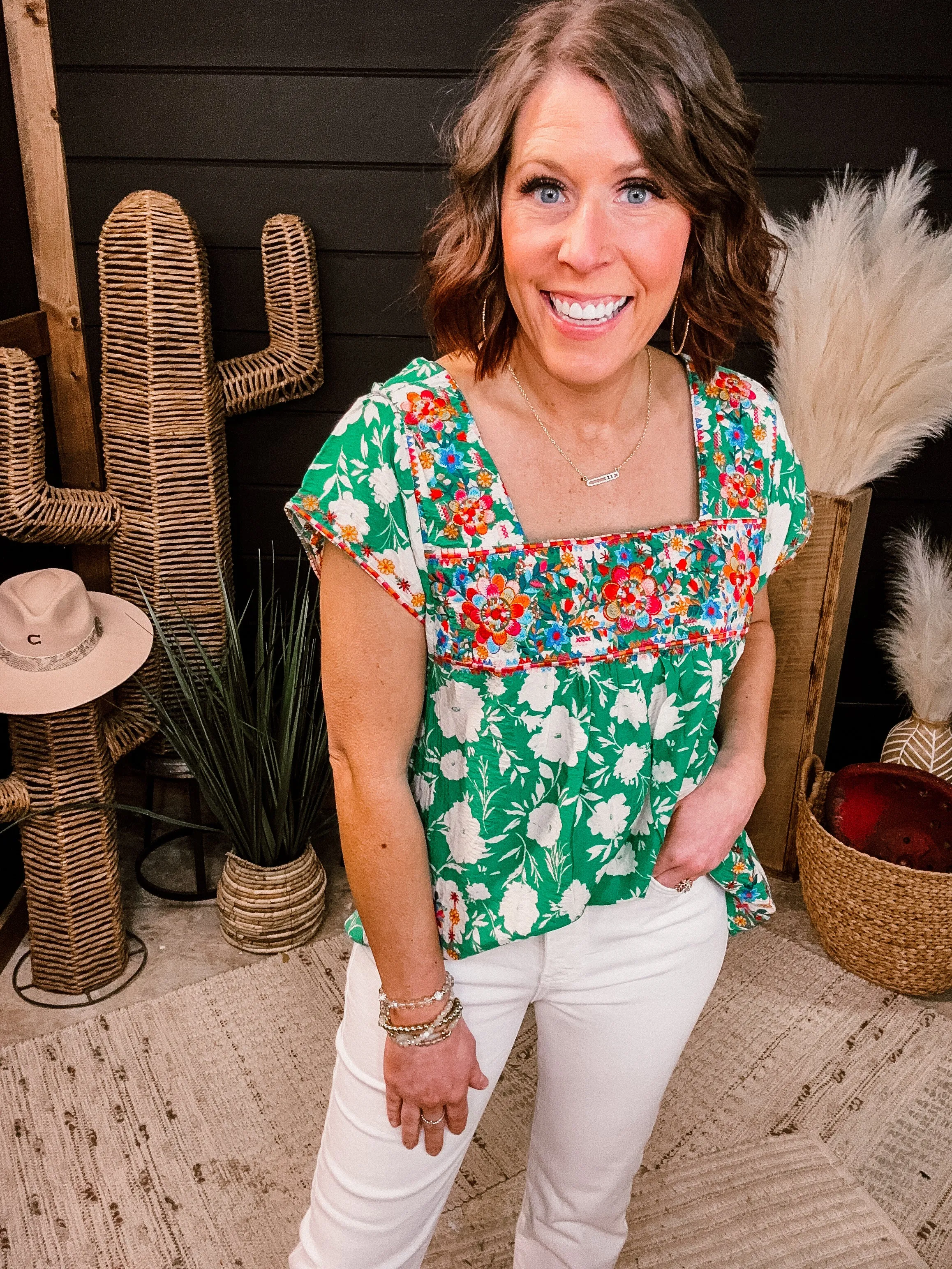 Kelly Green Square Neckline Embroidered Top