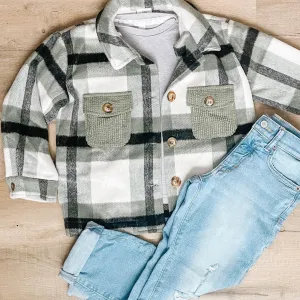 Kids Unisex Plaid Jacket shacket in Sage and Black